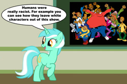 Size: 887x588 | Tagged: safe, imported from derpibooru, lyra heartstrings, human, pony, unicorn, bill cosby, bill cosby (fat albert and the cosby kids), bucky miller, chalkboard, dumb donald, fat albert, fat albert and the cosby kids, human studies101 with lyra, meme, mushmouth, racism, rudy davis, russell cosby, we are going to hell, weird harold