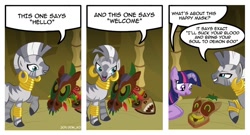 Size: 1024x551 | Tagged: safe, artist:don-ko, imported from derpibooru, twilight sparkle, zecora, pony, unicorn, zebra, bridle gossip, comic, female, mare, mask, twilight flopple, unicorn twilight