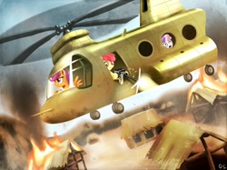 Size: 1100x824 | Tagged: safe, artist:gsphere, imported from derpibooru, apple bloom, scootaloo, sweetie belle, earth pony, pegasus, pony, unicorn, ach-47, boeing, ch-47 chinook, cutie mark crusaders, fire, helicopter, pillaging, vietnam, vietnam war, war