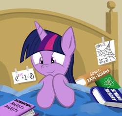 Size: 1062x1015 | Tagged: safe, artist:gsphere, imported from derpibooru, twilight sparkle, pony, bed, book, female, mare, smiling, solo