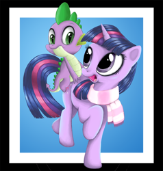 Size: 900x947 | Tagged: safe, artist:macflash2, imported from derpibooru, spike, twilight sparkle, dragon, pony, unicorn, clothes, dragons riding ponies, female, male, mare, riding, scarf