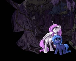 Size: 1280x1024 | Tagged: safe, artist:robd2003, imported from derpibooru, princess celestia, princess luna, pony, moon-fall, dark, filly, foal, forest, pink-mane celestia, wallpaper, woona, younger