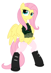 Size: 2129x3046 | Tagged: safe, artist:shadawg, imported from derpibooru, fluttershy, pony, bipedal, body armor, clothes, female, flak jacket, high res, simple background, solo, stockings, transparent background