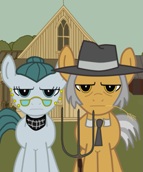 Size: 639x768 | Tagged: safe, artist:filipinoninja95, imported from derpibooru, cloudy quartz, igneous rock pie, earth pony, pony, american gothic, equestrian gothic, female, fine art parody, hilarious in hindsight, male, mare, parody, stallion