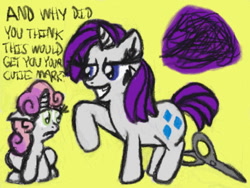 Size: 640x480 | Tagged: safe, imported from derpibooru, rarity, sweetie belle, haircut, scissors