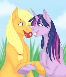 Size: 755x876 | Tagged: safe, artist:cartoonlion, imported from derpibooru, applejack, twilight sparkle, apple, cute, eye contact, female, hoers, holding hooves, lesbian, mouth hold, nibbling, sharing, shipping, smiling, twijack, unshorn fetlocks