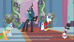 Size: 1366x768 | Tagged: safe, edit, edited screencap, imported from derpibooru, screencap, applejack, queen chrysalis, rarity, shining armor, spike, changeling, changeling queen, dragon, earth pony, pony, unicorn, a canterlot wedding, caption, female, implied scat, male, mare, stallion, youtube caption, youtube link