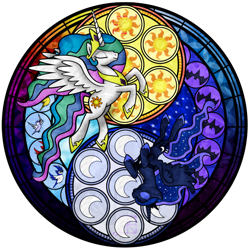 Size: 900x900 | Tagged: safe, artist:akili-amethyst, imported from derpibooru, princess celestia, princess luna, dive to the heart, kingdom hearts, stained glass