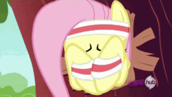 Size: 480x270 | Tagged: safe, imported from derpibooru, screencap, fluttershy, hurricane fluttershy, season 2, animated, female, headband, hub logo, scared, wristband