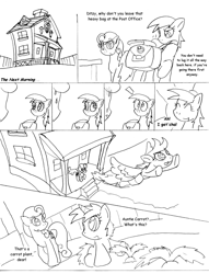 Size: 976x1280 | Tagged: safe, artist:conner cogwork, imported from derpibooru, carrot top, derpy hooves, dinky hooves, golden harvest, pegasus, pony, carrot top's garden, female, mare, monochrome