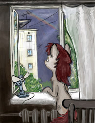 Size: 600x768 | Tagged: safe, artist:agm, imported from derpibooru, oc, oc only, oc:volga pony, earth pony, pony, chest fluff, fan, indoors, looking at something, looking away, looking out the window, looking up, plattenbau, rainbow, russia, sky, smiling, solo, window