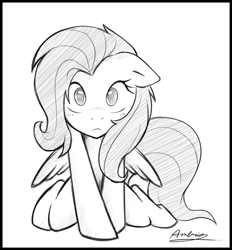 Size: 470x506 | Tagged: safe, artist:ambris, imported from derpibooru, fluttershy, pegasus, pony, blushing, female, floppy ears, front view, full face view, grayscale, looking at you, mare, monochrome, simple background, solo, white background