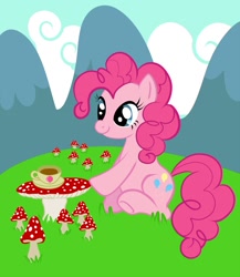 Size: 953x1098 | Tagged: safe, artist:starlite-synth, imported from derpibooru, pinkie pie, pony, female, mushroom, solo, tea