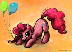 Size: 829x600 | Tagged: dead source, safe, artist:fjording, imported from derpibooru, pinkie pie, earth pony, pony, balloon, crouching, female, mare, smiling, solo