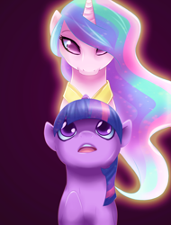 Size: 3200x4200 | Tagged: safe, artist:camellia, imported from derpibooru, princess celestia, twilight sparkle, absurd resolution, admiration, looking up, simple background