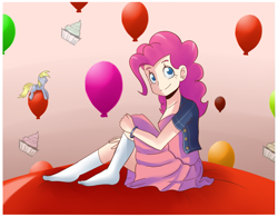 Size: 1279x1000 | Tagged: dead source, safe, artist:sallymon, imported from derpibooru, derpy hooves, pinkie pie, human, pony, balloon, bracelet, clothes, cupcake, denim jacket, duo, food, humanized, jewelry, light skin, skirt, socks