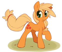 Size: 1222x1035 | Tagged: dead source, safe, artist:grumblepluck, imported from derpibooru, applejack, earth pony, pony, female, hatless, mare, missing accessory, raised hoof, simple background, smiling, solo