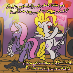 Size: 800x800 | Tagged: safe, artist:atlur, deleted from derpibooru, imported from derpibooru, surprise, oc, oc:velvet, pegasus, pony, unicorn, ask velvet, blushing, bon jovi, butt, clothes, drunk, female, g1, g1 to g4, generation leap, livin' on a prayer, mare, microphone, plot, singing, skirt, song reference