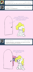 Size: 643x1387 | Tagged: safe, artist:carnifex, imported from derpibooru, surprise, oc, oc:velvet, pegasus, pony, unicorn, ask velvet, ashamed, comic, duo, g1, g1 to g4, g4, generation leap, pink background, simple background