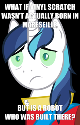 Size: 900x1411 | Tagged: safe, imported from derpibooru, dj pon-3, shining armor, vinyl scratch, robot, conspiracy shining armor, daft punk, exploitable meme, france, meme