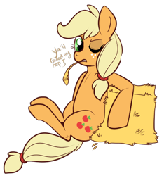 Size: 462x494 | Tagged: safe, artist:lulubell, imported from derpibooru, applejack, pony, female, hatless, hay bale, missing accessory, one eye closed, simple background, sitting, solo, straw, transparent background