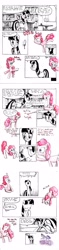 Size: 1229x5250 | Tagged: safe, artist:smellslikebeer, imported from derpibooru, pinkie pie, twilight sparkle, black and white, comic, duo, grayscale, ink, monochrome, partial color, traditional art, uplifting