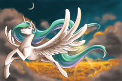 Size: 2700x1800 | Tagged: safe, artist:valkyrie-girl, imported from derpibooru, princess celestia, alicorn, pony, female, flying, pretty, scenery, solo