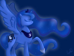 Size: 900x678 | Tagged: safe, artist:lydia-rawr, imported from derpibooru, princess luna, pony, eyes closed, female, raised hoof, solo