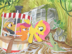 Size: 1123x850 | Tagged: safe, artist:foxxy-arts, imported from derpibooru, daring do, doctor whooves, fluttershy, scootaloo, time turner, crocodile, disney, disneyland, jungle cruise