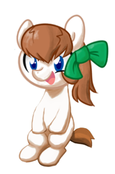 Size: 552x837 | Tagged: safe, imported from derpibooru, oc, oc only, oc:troll-raipony, pony, bow, hair bow, looking at you, open mouth, simple background, sitting, smiling, solo, white background