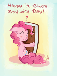 Size: 1536x2048 | Tagged: safe, artist:cainescroll, imported from derpibooru, pinkie pie, pony, cute, diapinkes, female, heart, hug, ice cream sandwich, solo