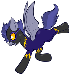 Size: 450x475 | Tagged: safe, artist:lulubell, imported from derpibooru, oc, oc only, bat pony, pony, bat pony oc, clothes, costume, flying, goggles, grin, shadowbolts, shadowbolts costume, simple background, smiling, transparent background