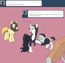 Size: 985x957 | Tagged: safe, artist:carnifex, imported from derpibooru, oc, oc:strap, ask velvet, crossover, gomez addams, morticia addams, ponified, the addams family, the mask