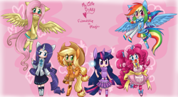 Size: 1651x897 | Tagged: safe, artist:mahoxyshoujo, artist:ponygoggles, imported from derpibooru, applejack, fluttershy, pinkie pie, rainbow dash, rarity, twilight sparkle, human, clothes, dress, eared humanization, flying, horned humanization, humanized, mane six, scarf, skirt, sweater, sweatershy, tailed humanization, winged humanization