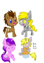 Size: 1240x1754 | Tagged: safe, imported from derpibooru, amethyst star, derpy hooves, dinky hooves, doctor whooves, sparkler, time turner, earth pony, pegasus, pony, unicorn, eat muffins every day, eating, female, filly, food, male, mare, muffin, nom, stallion