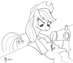 Size: 1000x860 | Tagged: safe, artist:arrjaysketch, imported from derpibooru, applejack, earth pony, pony, color me, female, monochrome, sewing, sewing machine, solo