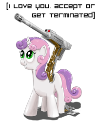 Size: 1363x1675 | Tagged: safe, artist:cyb3rwaste, imported from derpibooru, sweetie belle, robot, female, gun, solo, species swap, sweetie bot, weapon