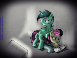 Size: 900x675 | Tagged: safe, artist:discommunicator, artist:liquidplazma, imported from derpibooru, bon bon, lyra heartstrings, sweetie drops, earth pony, pony, unicorn, book, duo, duo female, female, hoof on belly, reading, sitting, sitting lyra, sitting on person, sitting on pony, television