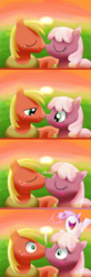 Size: 800x2444 | Tagged: artist needed, safe, artist:gureifia_, imported from derpibooru, big macintosh, cheerilee, sweetie belle, earth pony, pony, blushing, japanese, kiss on the lips, kissing, male, pixiv, stallion