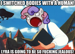 Size: 624x446 | Tagged: safe, imported from derpibooru, sweetie belle, human, beauty and the beast, forced meme, image macro, sweetie derelle