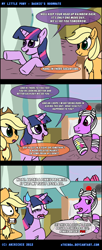 Size: 600x1472 | Tagged: safe, artist:ladyanidraws, imported from derpibooru, applejack, bandage pony, hard knocks, twilight sparkle, earth pony, pony, unicorn, comic, implied pinkie pie, pinkie promise