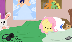 Size: 1600x943 | Tagged: safe, artist:kudalyn, imported from derpibooru, fluttershy, oc, hedgehog, bed, headphones, plushie, sleeping