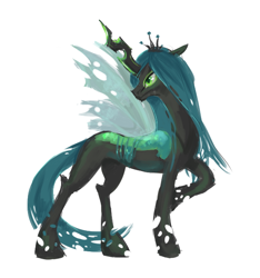 Size: 570x609 | Tagged: safe, artist:emizu, imported from derpibooru, queen chrysalis, changeling, changeling queen, crown, female, jewelry, raised hoof, regalia, simple background, solo, standing, white background