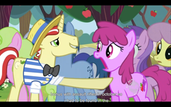 Size: 1280x800 | Tagged: safe, imported from derpibooru, screencap, amethyst star, berry punch, berryshine, blues, daisy, flim, flower wishes, minuette, noteworthy, parasol, sparkler, earth pony, pony, unicorn, the super speedy cider squeezy 6000, youtube caption