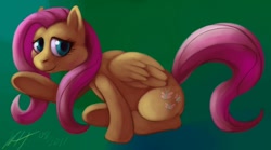 Size: 950x530 | Tagged: safe, artist:robomaximillion, imported from derpibooru, fluttershy, pegasus, pony, female, folded wings, gradient background, looking at you, mare, raised hoof, sitting, smiling, solo, three quarter view, waving, wings