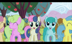 Size: 768x480 | Tagged: safe, imported from derpibooru, screencap, amethyst star, bon bon, carrot top, cloud kicker, daisy, dizzy twister, flower wishes, golden harvest, lemon hearts, orange swirl, sparkler, spring melody, sprinkle medley, sweetie drops, the super speedy cider squeezy 6000, youtube caption