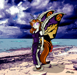 Size: 1280x1245 | Tagged: safe, artist:soulveiwinterfall, imported from derpibooru, anthro, kaiju, unguligrade anthro, crossover, godzilla (series), mothra, ponified, solo