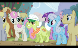 Size: 768x480 | Tagged: safe, imported from derpibooru, screencap, amethyst star, derpy hooves, goldengrape, granny smith, linky, meadow song, rainbowshine, sassaflash, shoeshine, sir colton vines iii, sparkler, twinkleshine, earth pony, pegasus, pony, the super speedy cider squeezy 6000, female, male, mare, stallion, youtube caption