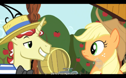 Size: 768x480 | Tagged: safe, edit, edited screencap, imported from derpibooru, screencap, applejack, flim, earth pony, pony, unicorn, the super speedy cider squeezy 6000, barrel, caption, female, male, mare, stallion, text, yahoo, youtube caption