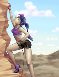 Size: 759x1000 | Tagged: safe, artist:7nights, imported from derpibooru, twilight sparkle, human, clothes, humanized, midriff, rock climbing, shoes, sneakers, solo, sports bra
